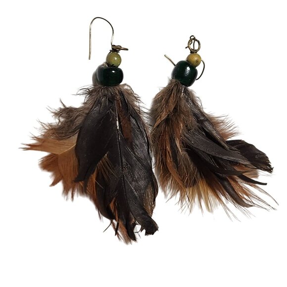 Boho Handcrafted Beaded Feather Earrings Statement Nature Fashion Jewelry Women - Picture 2 of 4